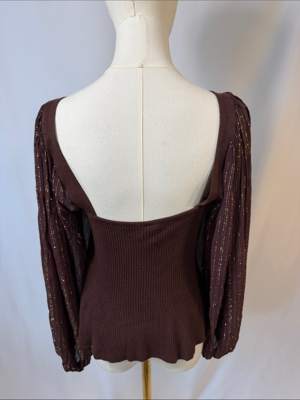 Brown Ribbed Peplum Sweater with Sheer Metallic Long Sleeves - Picture 5 of 7